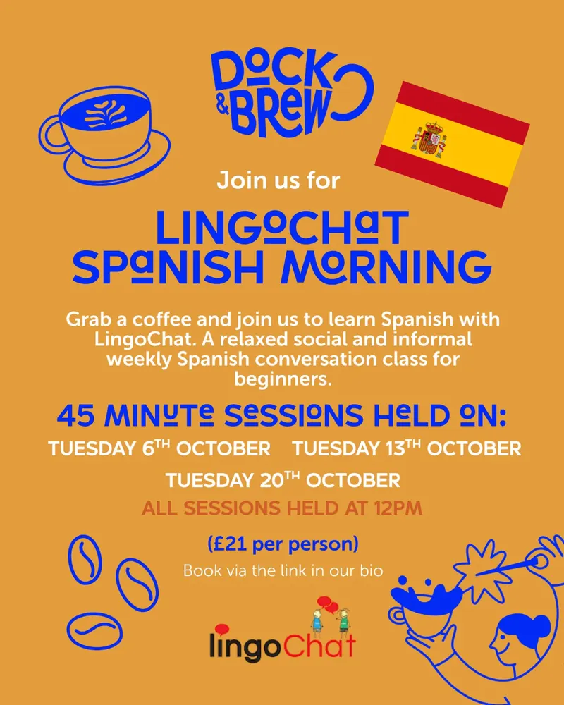 LingoChat Spanish Morning poster, Tuesdays in October at Dock & Brew